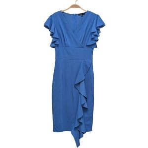 Knitee Blue Wedding Guest Ruffle Sleeve Cocktail Pencil Skirt Dress Small